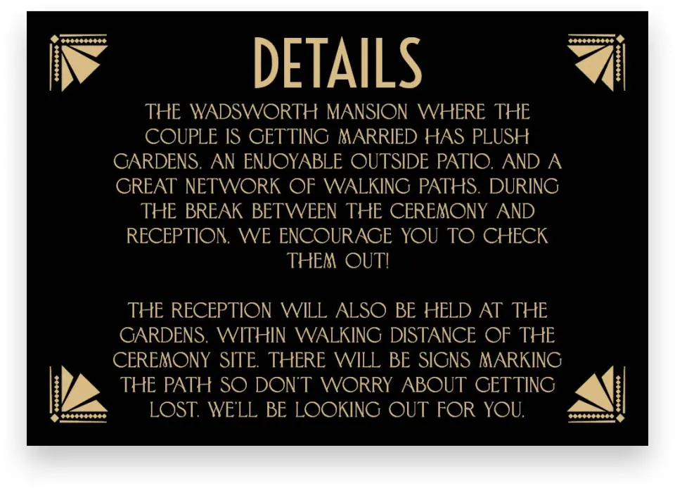 This is a 5" x 3½" Wedding Invitation Enclosure Card called Deco Glam printed in full color on Premium Smooth paper