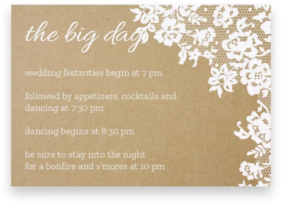 This is a 5" x 3½" Wedding Invitation Enclosure Card called Floral Lace printed in full color on Premium Smooth paper