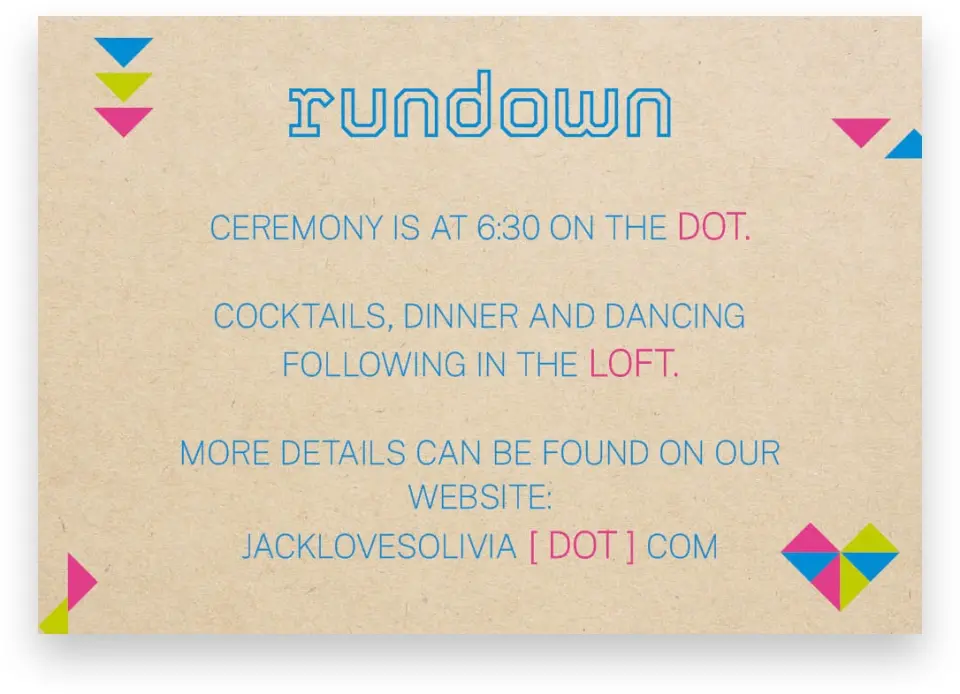 This is a 5" x 3½" Wedding Invitation Enclosure Card called Flirty Neon printed in full color on Premium Smooth paper