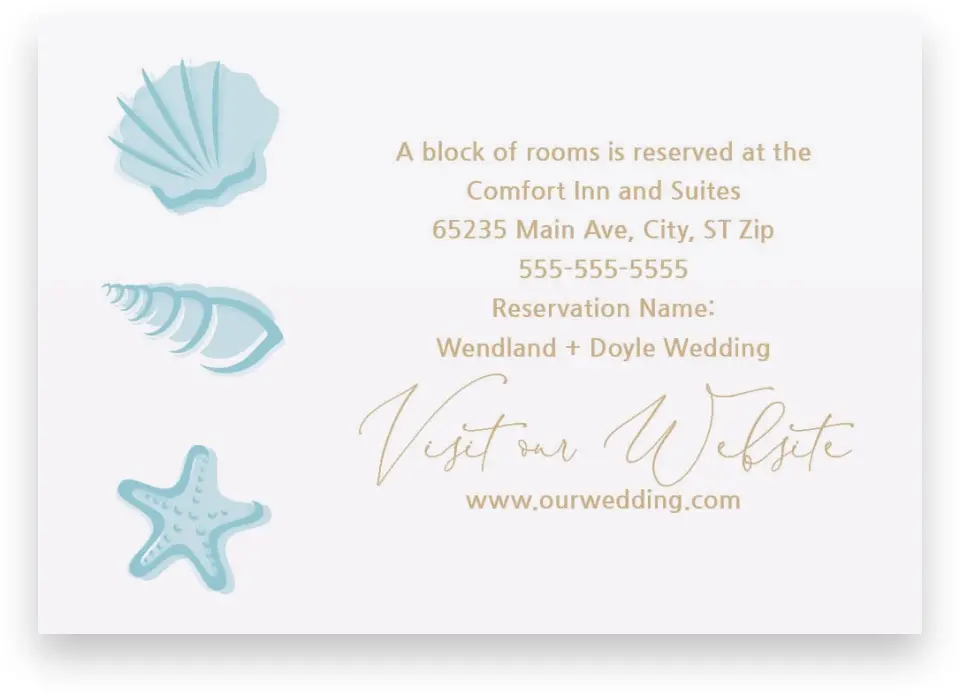 This is a 5" x 3½" Wedding Invitation Enclosure Card called Salty Kisses printed in full color on Premium Smooth paper