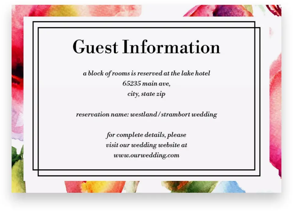 This is a 5" x 3½" Wedding Invitation Enclosure Card called Floral Watercolor printed in full color with Silver foil on Luxe Satin (coated) paper