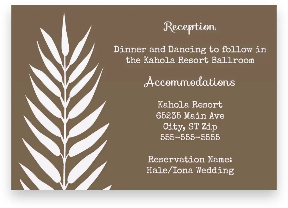 This is a 5" x 3½" Wedding Invitation Enclosure Card called Palms in Paradise printed in full color on Premium Smooth paper