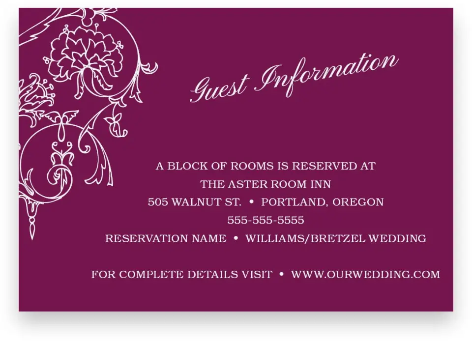 This is a 5" x 3½" Wedding Invitation Enclosure Card called Regal Romance printed in full color on Premium Smooth paper