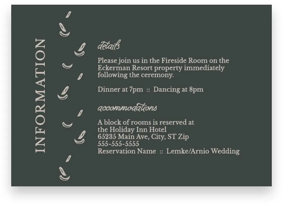 This is a 5" x 3½" Wedding Invitation Enclosure Card called Rustic Boughs printed in full color on Premium Smooth paper