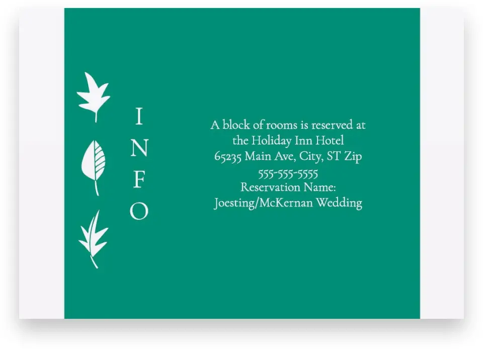 This is a 5" x 3½" Wedding Invitation Enclosure Card called Sweet Leaves printed in full color with Silver foil on Luxe Satin (coated) paper