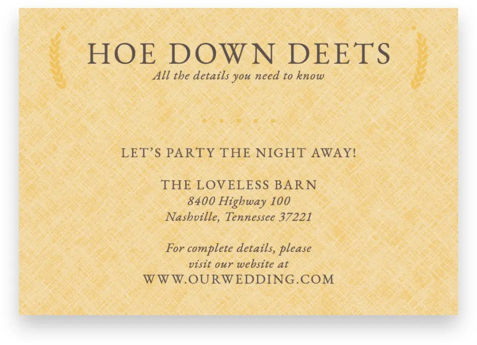 This is a 5" x 3½" Wedding Invitation Enclosure Card called Nashville Barn printed in full color on Premium Smooth paper