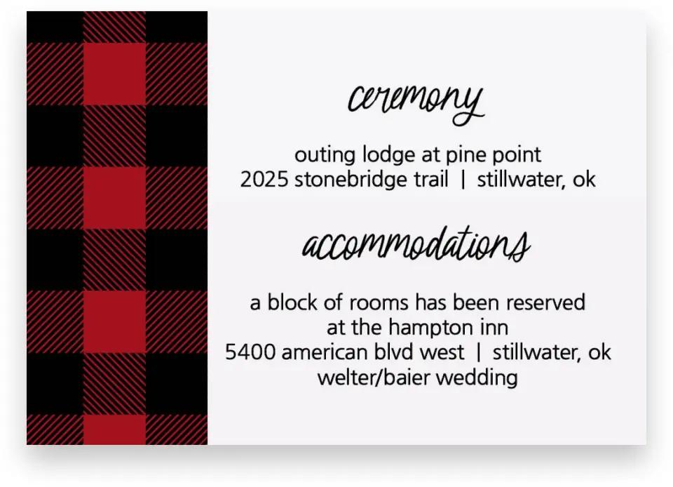 This is a 5" x 3½" Wedding Invitation Enclosure Card called Bold Buffalo Plaid printed in full color on Premium Smooth paper