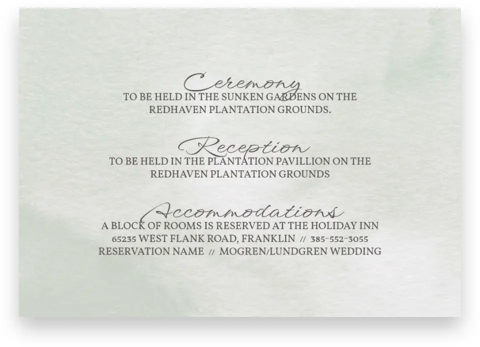 This is a 5" x 3½" Wedding Invitation Enclosure Card called Watercolor Laurel printed in full color on Premium Smooth paper