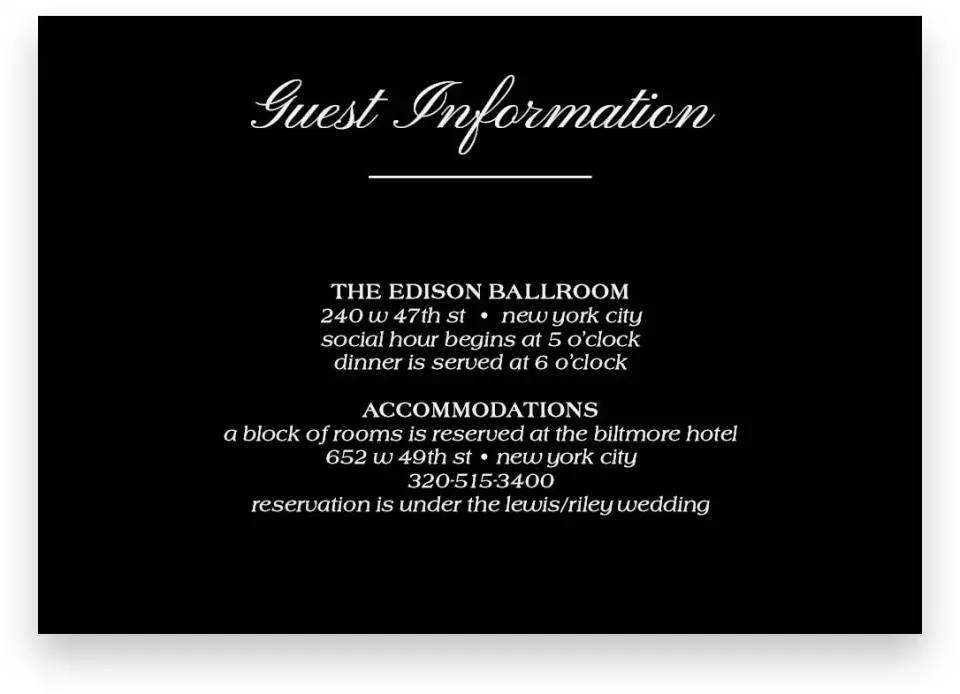 This is a 5" x 3½" Wedding Invitation Enclosure Card called Formal Statement printed in full color with Silver foil on Luxe Satin (coated) paper