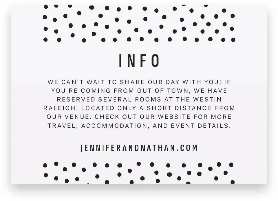 This is a 5" x 3½" Wedding Invitation Enclosure Card called Pop of Dots printed in full color on Premium Smooth paper
