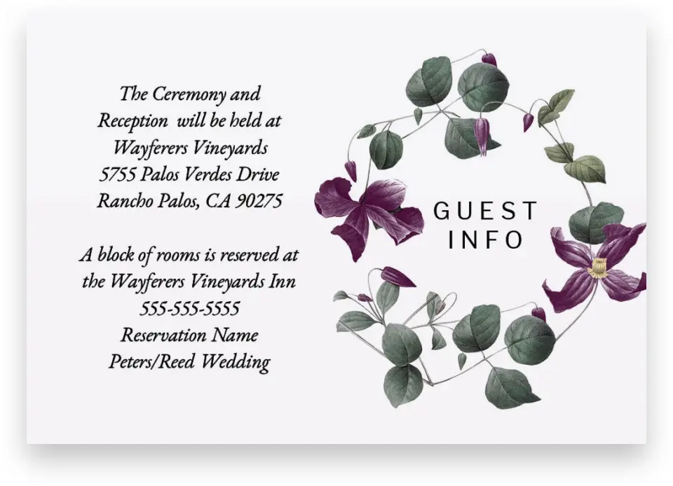 This is a 5" x 3½" Wedding Invitation Enclosure Card called Garden Laurel printed in full color on Premium Smooth paper