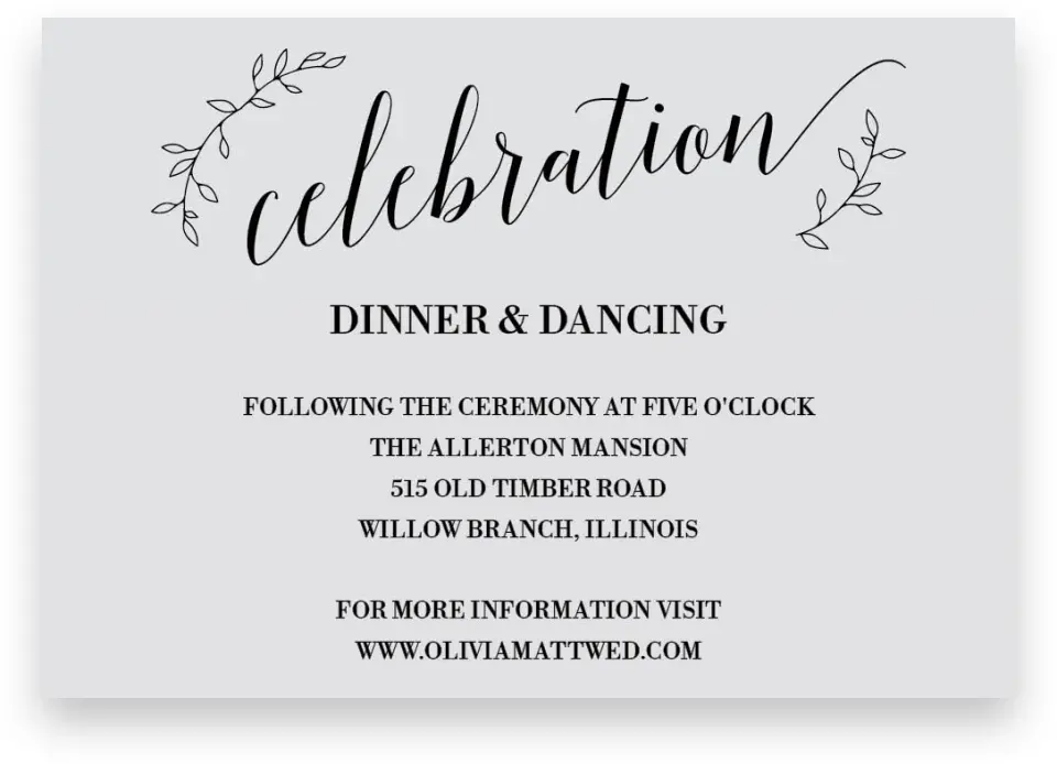 This is a 5" x 3½" Wedding Invitation Enclosure Card called Naturally Leaves printed in full color with Silver foil on Luxe Satin (coated) paper