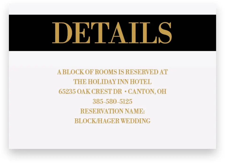 This is a 5" x 3½" Wedding Invitation Enclosure Card called Black Tie Affair printed in full color on Premium Smooth paper