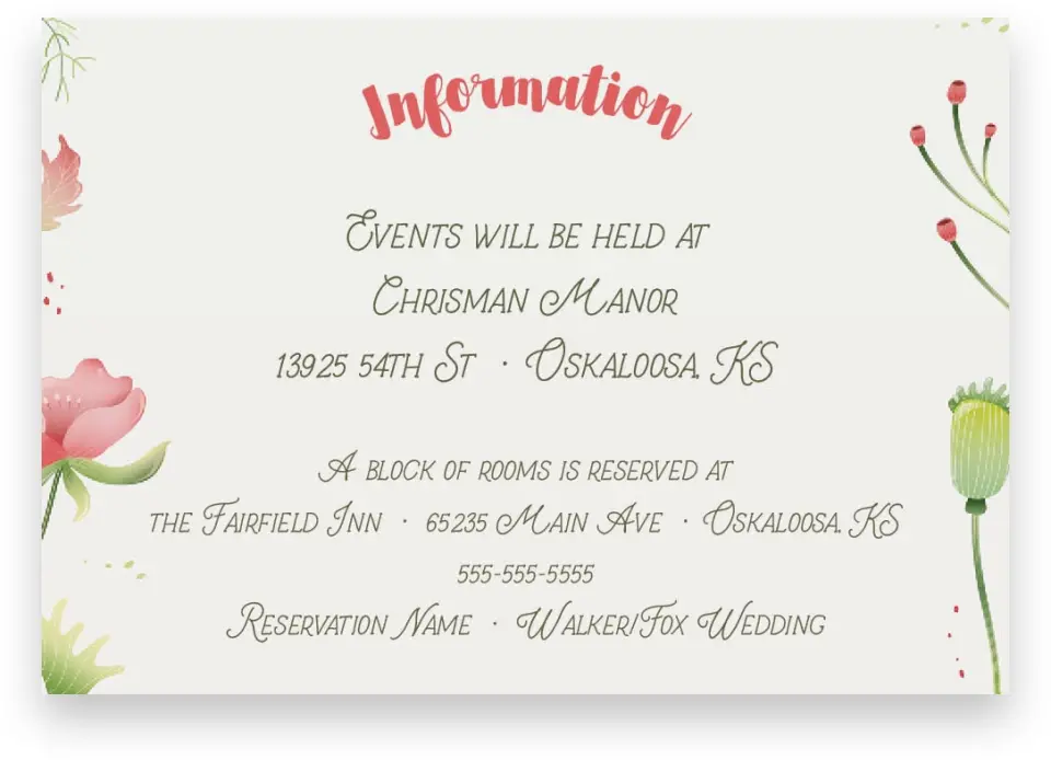 This is a 5" x 3½" Wedding Invitation Enclosure Card called Floral Surroundings printed in full color on Premium Smooth paper