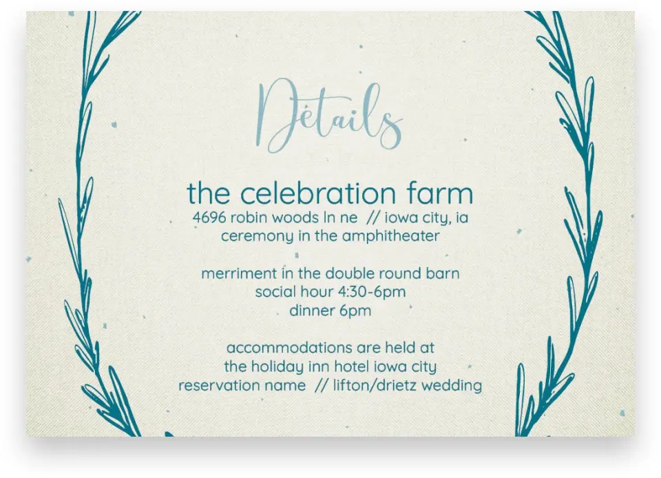This is a 5" x 3½" Wedding Invitation Enclosure Card called Rustic Charm printed in full color with Silver foil on Luxe Satin (coated) paper