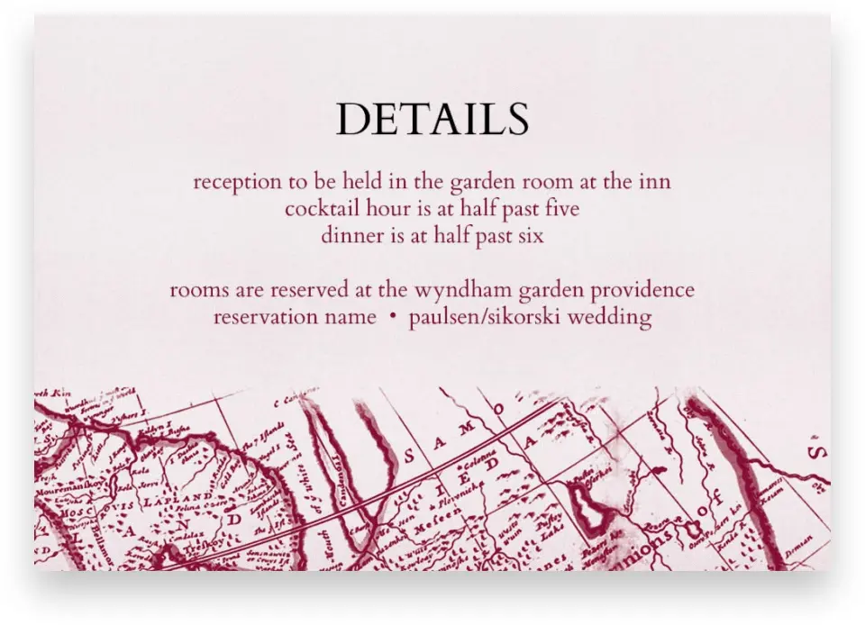 This is a 5" x 3½" Wedding Invitation Enclosure Card called Vintage Map printed in full color on Premium Smooth paper
