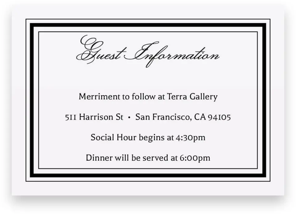 This is a 5" x 3½" Wedding Invitation Enclosure Card called Foremost Formal printed in full color on Premium Smooth paper