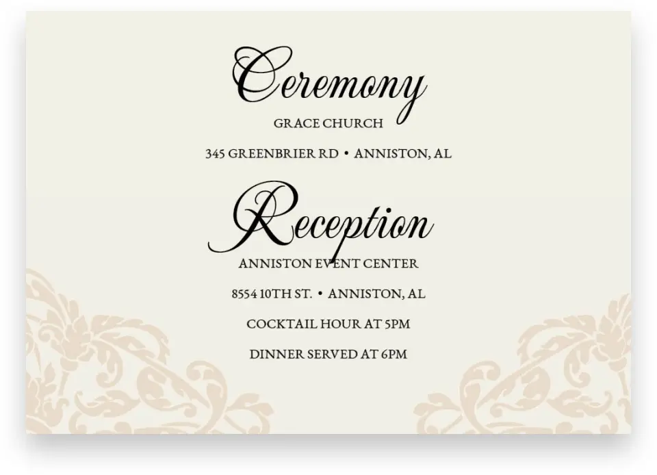 This is a 5" x 3½" Wedding Invitation Enclosure Card called Gilded Grace printed in full color on Premium Smooth paper
