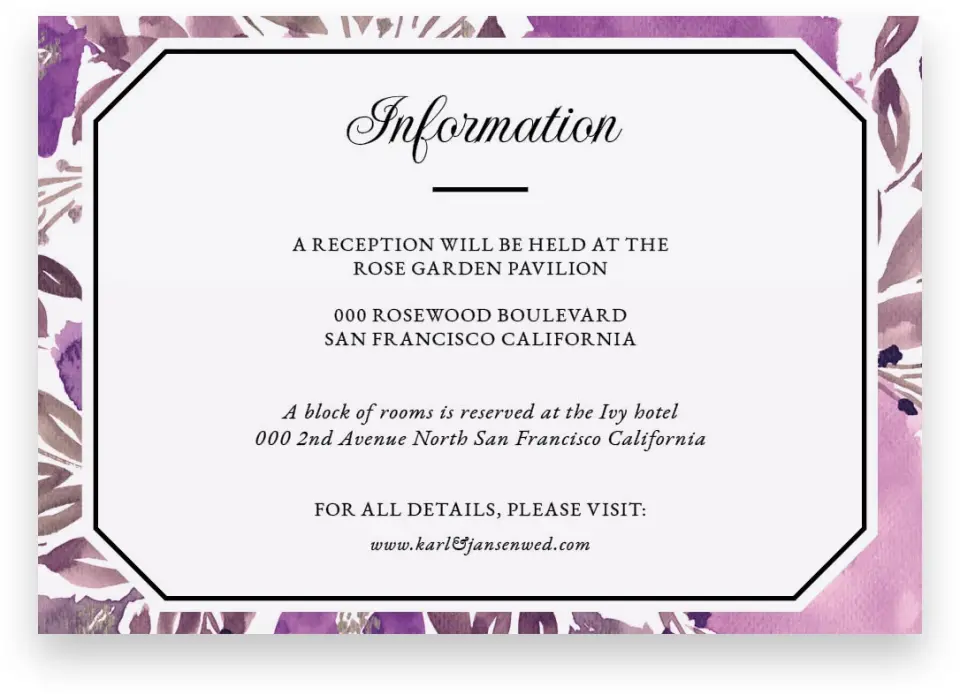 This is a 5" x 3½" Wedding Invitation Enclosure Card called Violet Watercolor printed in full color on Premium Smooth paper