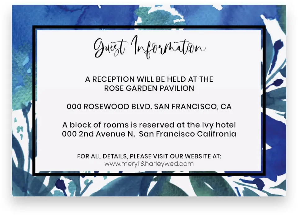 This is a 5" x 3½" Wedding Invitation Enclosure Card called Blue Blooms printed in full color with Silver foil on Luxe Satin (coated) paper