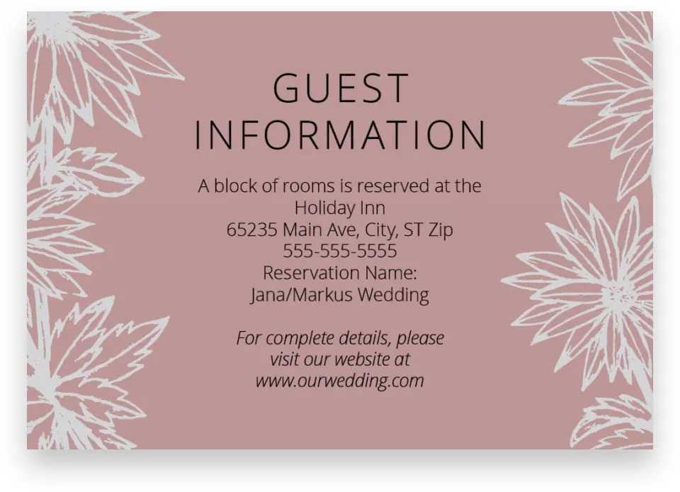 This is a 5" x 3½" Wedding Invitation Enclosure Card called Botanical Burst printed in full color with Silver foil on Luxe Satin (coated) paper