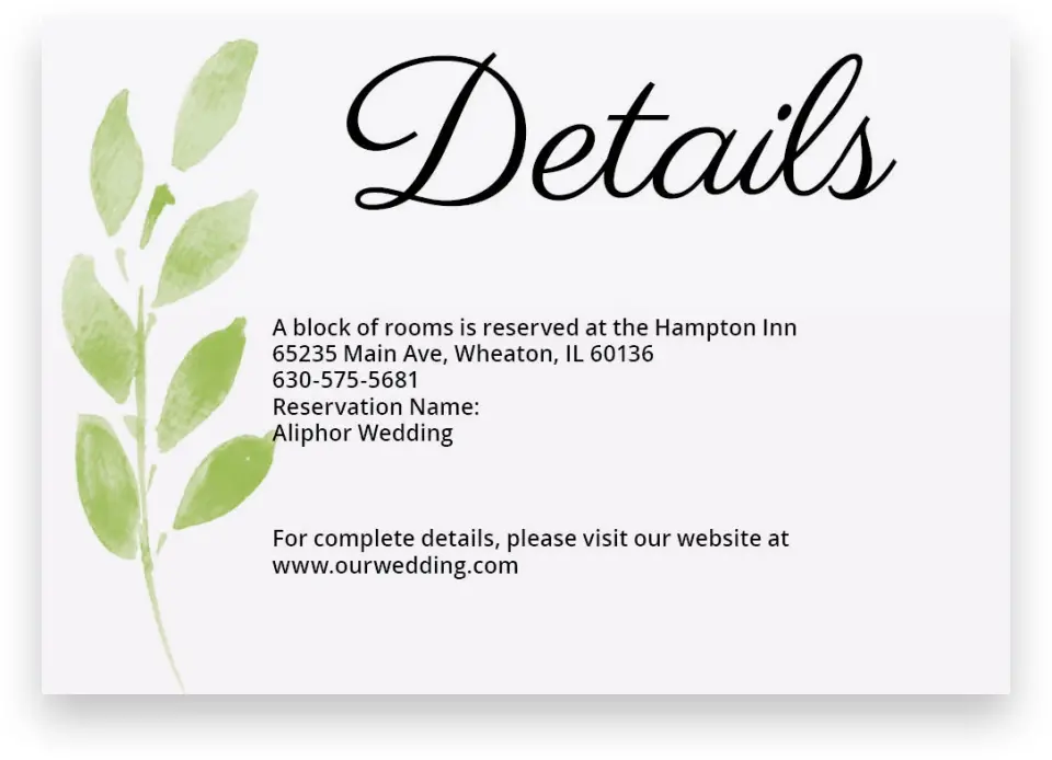 This is a 5" x 3½" Wedding Invitation Enclosure Card called Painted Leaves printed in full color with Silver foil on Luxe Satin (coated) paper
