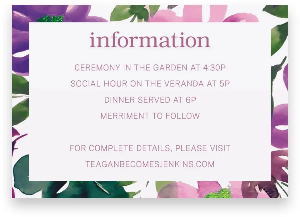 This is a 5" x 3½" Wedding Invitation Enclosure Card called Garden Surprise printed in full color with Silver foil on Luxe Satin (coated) paper