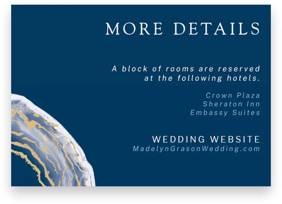 This is a 5" x 3½" Wedding Invitation Enclosure Card called Dazzling Agate printed in full color with Silver foil on Luxe Satin (coated) paper