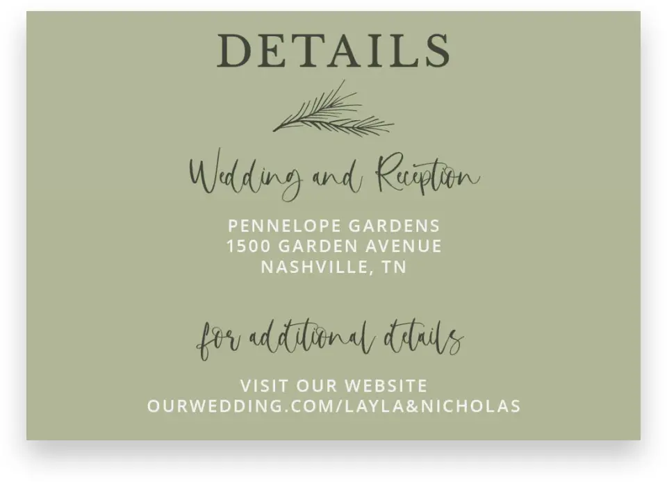 This is a 5" x 3½" Wedding Invitation Enclosure Card called Greenery Crown printed in full color on Premium Smooth paper