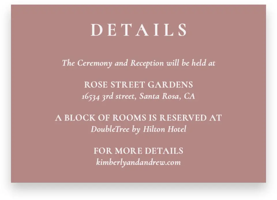 This is a 5" x 3½" Wedding Invitation Enclosure Card called Blushing Beauty printed in full color on Premium Smooth paper