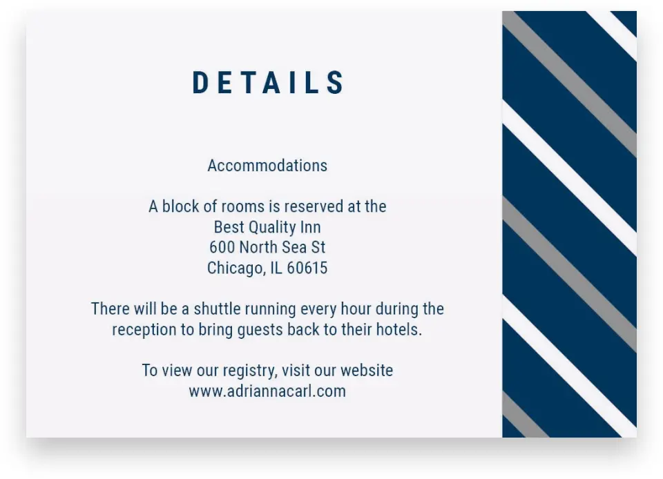 This is a 5" x 3½" Wedding Invitation Enclosure Card called Posh Chevron printed in full color with Silver foil on Luxe Satin (coated) paper