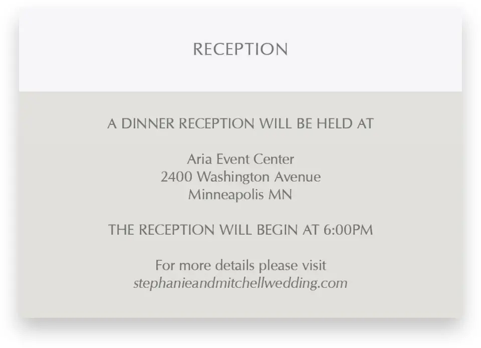 This is a 5" x 3½" Wedding Invitation Enclosure Card called Exquisitely Simple printed in full color on Premium Smooth paper