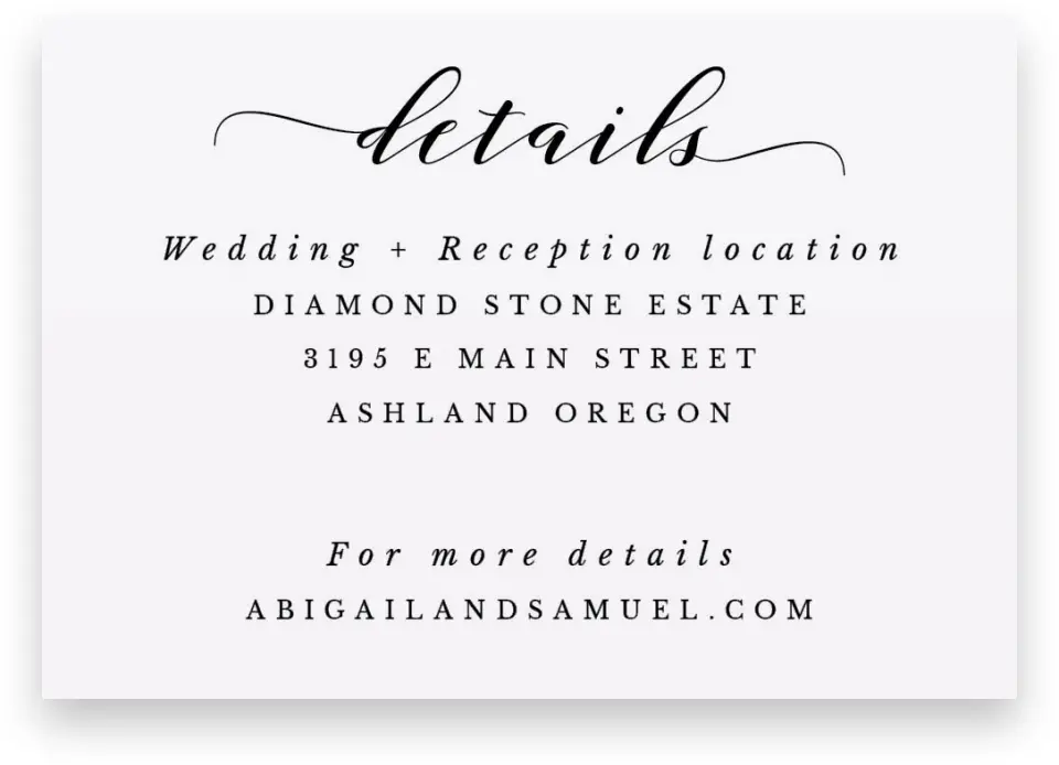 This is a 5" x 3½" Wedding Invitation Enclosure Card called Timeless Eloquence printed in full color on Premium Smooth paper