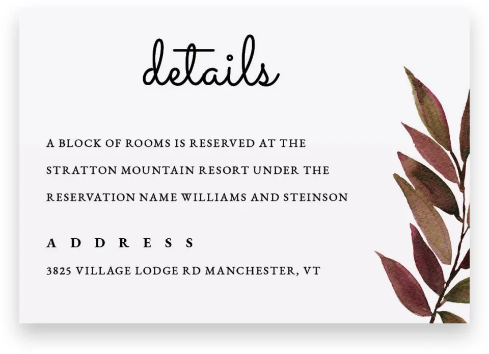 This is a 5" x 3½" Wedding Invitation Enclosure Card called Lavish Leaves printed in full color on Premium Smooth paper