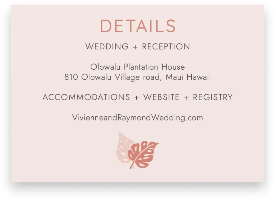 This is a 5" x 3½" Wedding Invitation Enclosure Card called Tropical Palms printed in full color on Premium Smooth paper