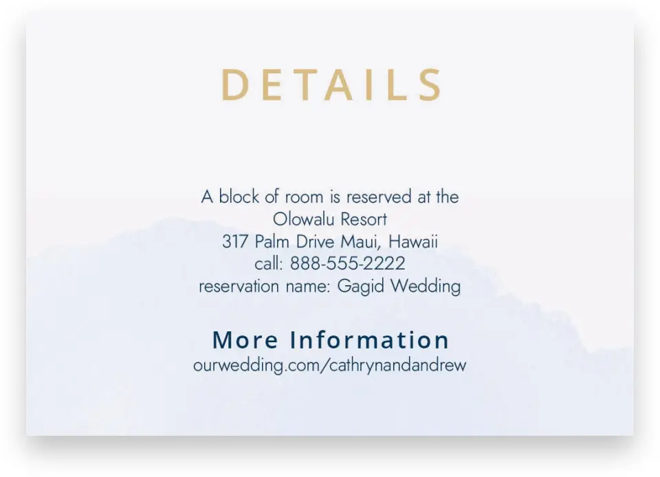 This is a 5" x 3½" Wedding Invitation Enclosure Card called Stamped Palms printed in full color on Premium Smooth paper