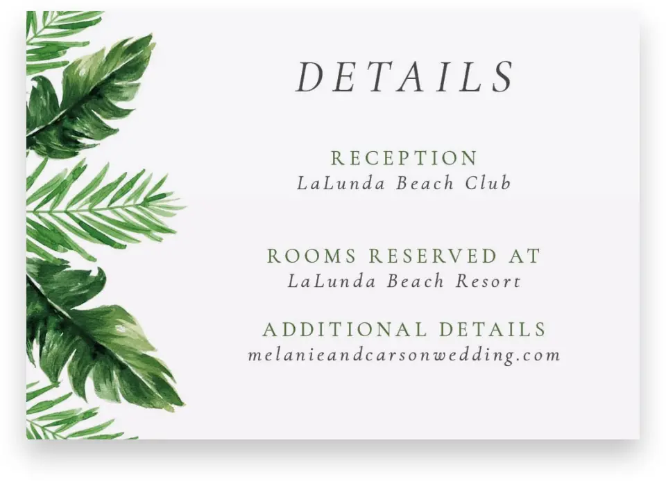 This is a 5" x 3½" Wedding Invitation Enclosure Card called Beach Palms printed in full color on Premium Smooth paper