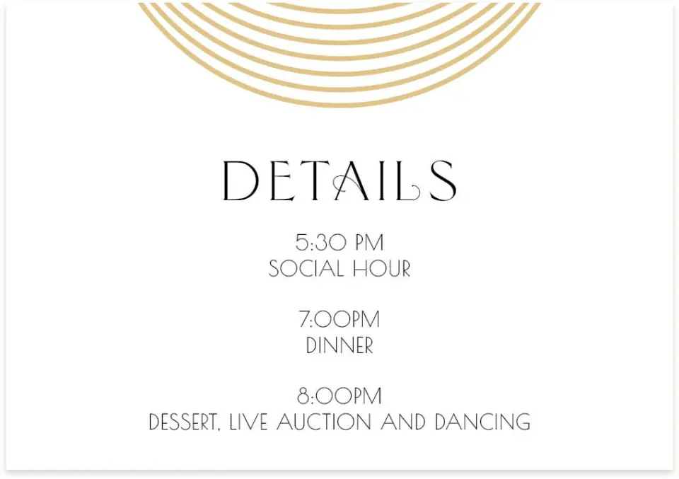 This is a 5" x 3½" Gala Invitation Enclosure Card called Golden Gala printed in full color on Premium Smooth paper