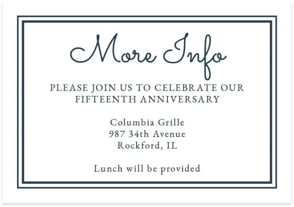This is a 5" x 3½" Gala Invitation Enclosure Card called Anniversary Luncheon printed in full color on Premium Smooth paper