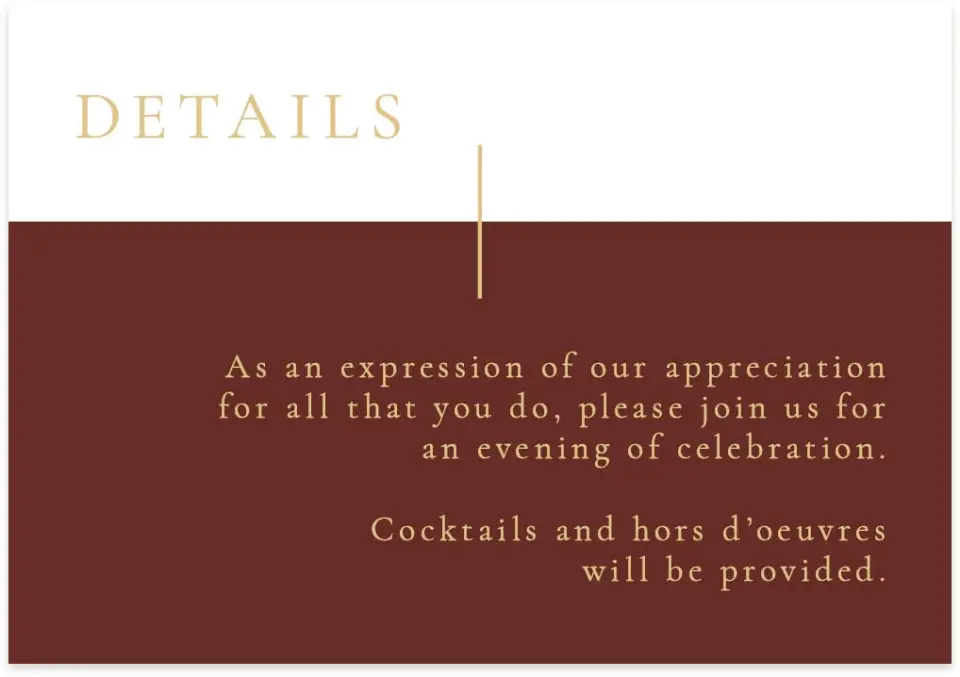 This is a 5" x 3½" Gala Invitation Enclosure Card called Appreciation Event printed in full color on Premium Smooth paper
