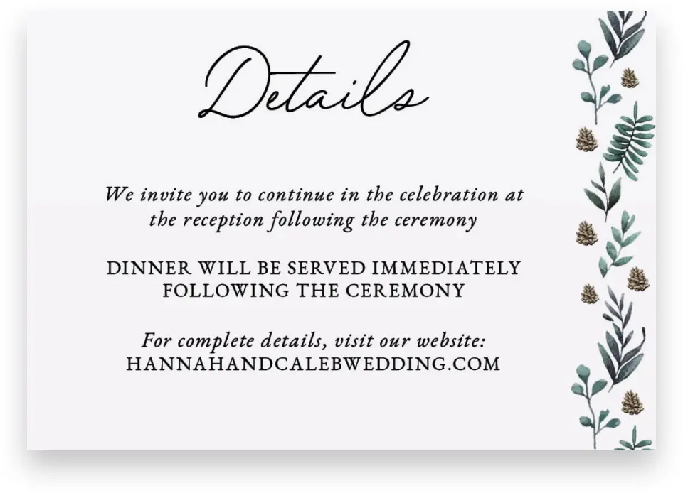 This is a 5" x 3½" Wedding Invitation Enclosure Card called Pinecone Allure printed in full color on Premium Smooth paper