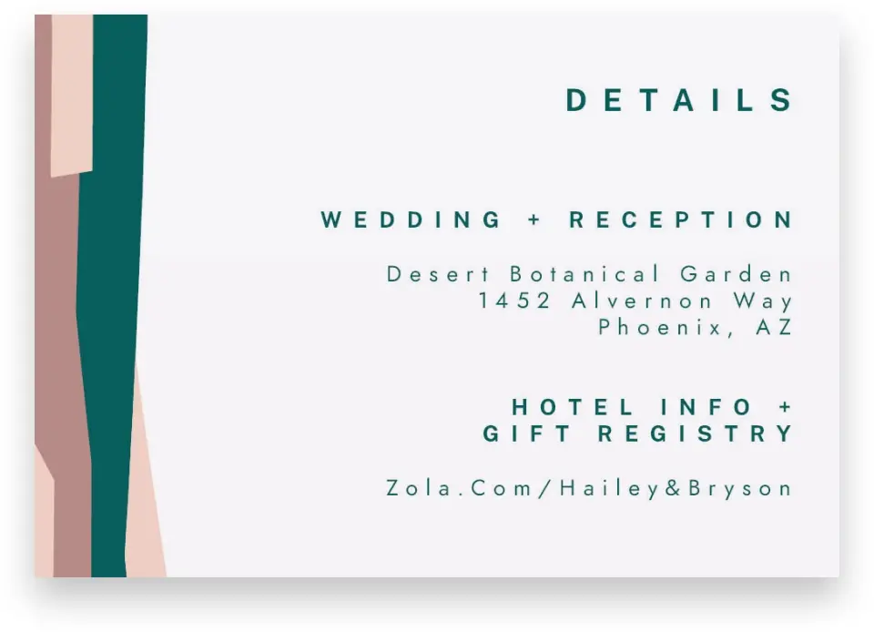 This is a 5" x 3½" Wedding Invitation Enclosure Card called Shaped Love printed in full color on Premium Smooth paper