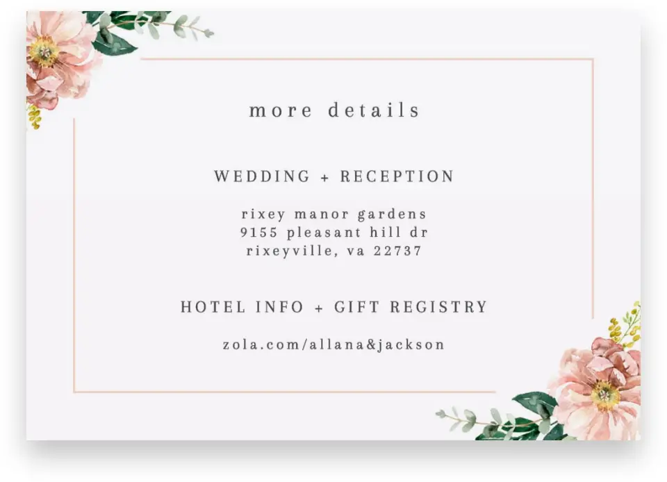 This is a 5" x 3½" Wedding Invitation Enclosure Card called Delicate Florals printed in full color on Premium Smooth paper