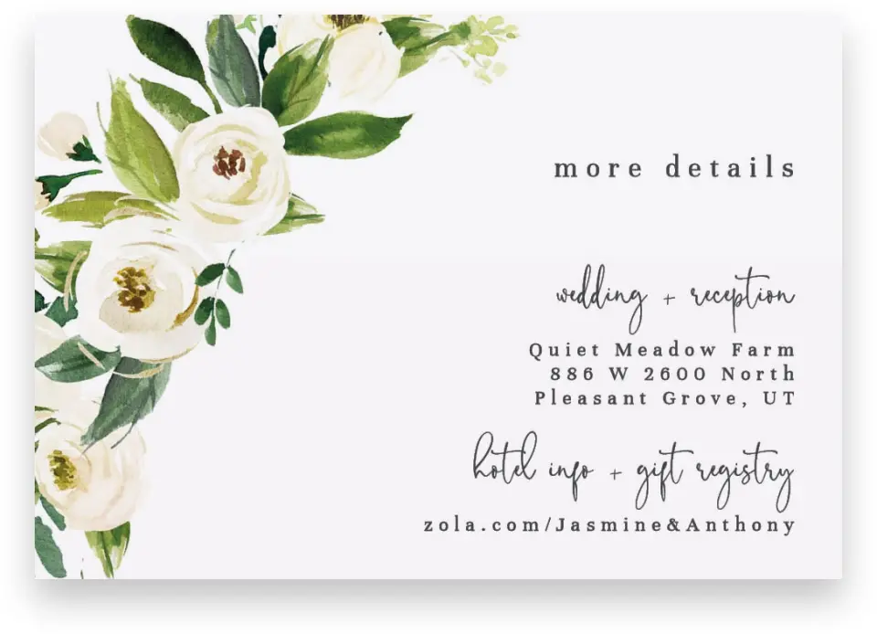 This is a 5" x 3½" Wedding Invitation Enclosure Card called Wedding Florals printed in full color on Premium Smooth paper