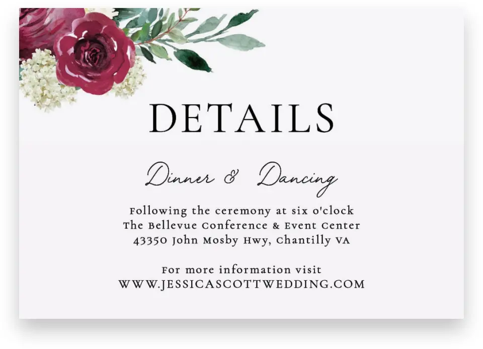This is a 5" x 3½" Wedding Invitation Enclosure Card called Floral Touch printed in full color on Premium Smooth paper