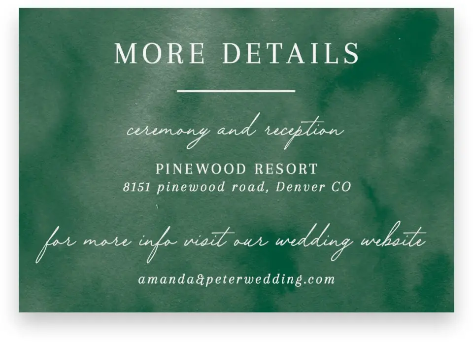 This is a 5" x 3½" Wedding Invitation Enclosure Card called Ethereal Evergreens printed in full color on Premium Smooth paper