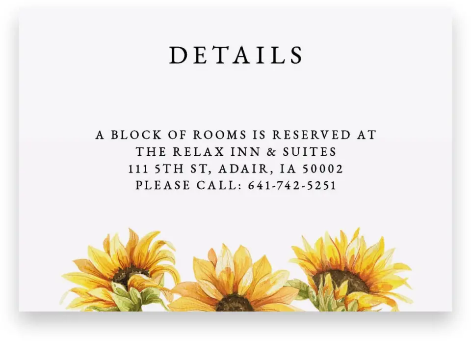 This is a 5" x 3½" Wedding Invitation Enclosure Card called Sunflower Bliss printed in full color on Premium Smooth paper