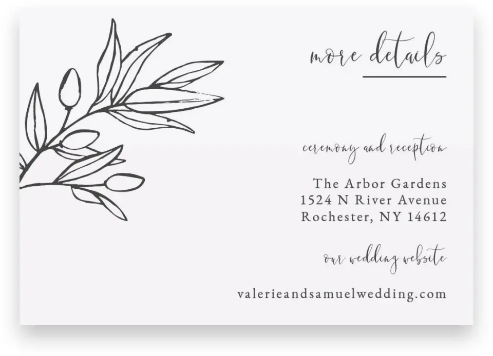 This is a 5" x 3½" Wedding Invitation Enclosure Card called Branch Sketch printed in full color on Premium Smooth paper