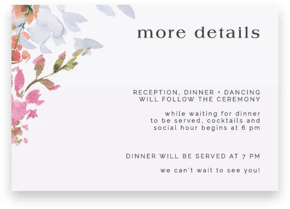 This is a 5" x 3½" Wedding Invitation Enclosure Card called Blushing Bouquet printed in full color on Premium Smooth paper