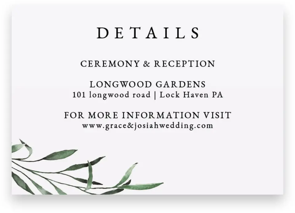 This is a 5" x 3½" Wedding Invitation Enclosure Card called Tender Twig printed in full color on Premium Smooth paper